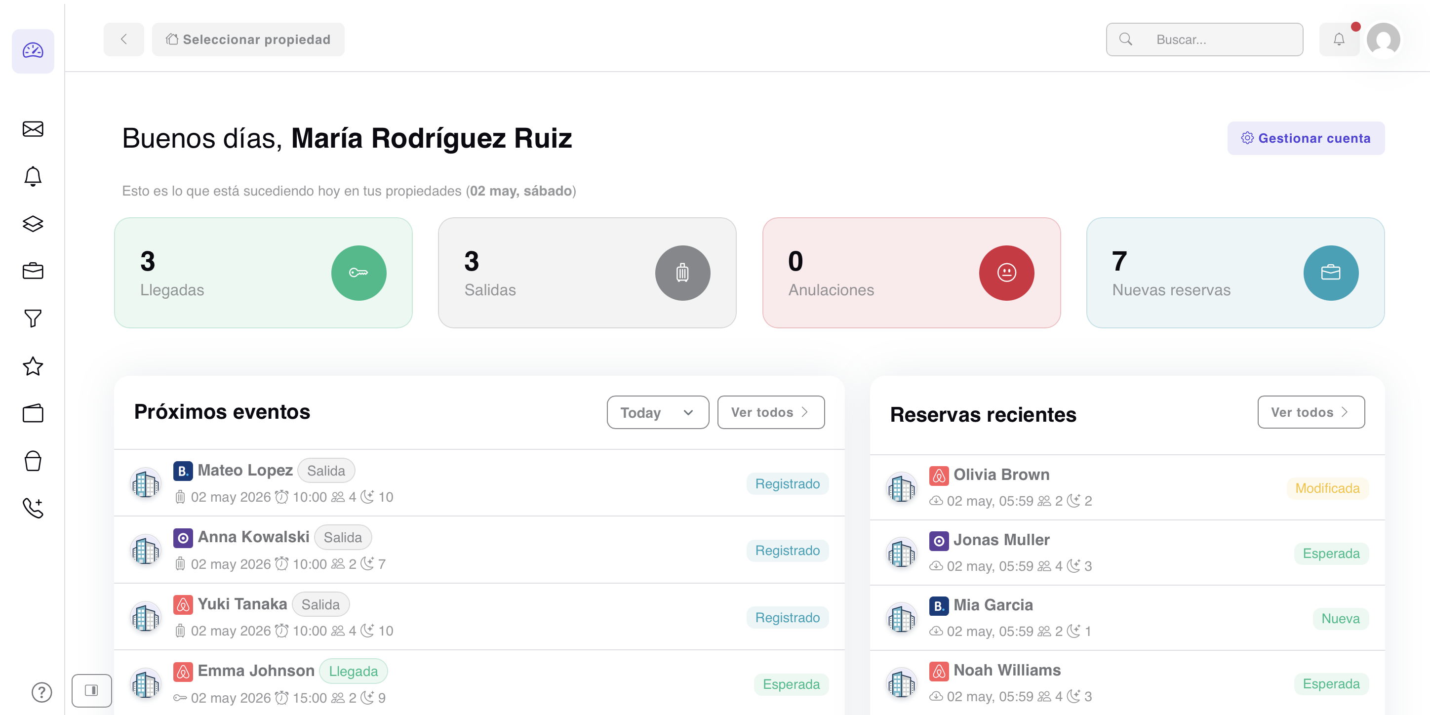 panel de software de gestión Airbnb para alquiler vacacional